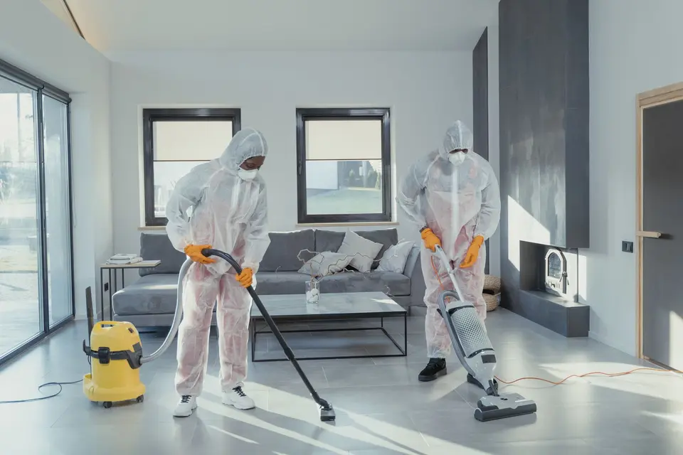 Deux intervenants en combinaison blanche et masque passent l'aspirateur dans un salon